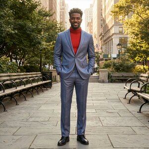 New 2026 Mens 2pc Sharkskin Seal Blue Suit Set, Slim Fit